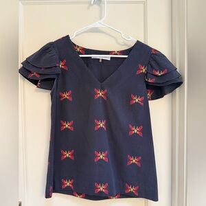 Trina Turk Blue Butterfly Ruffle Short Sleeve Top - Size Small